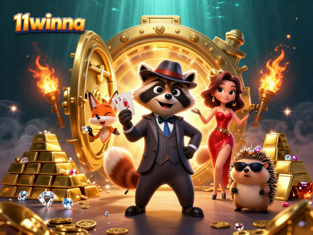 Win big at 11winna with a raccoon, fox, and hedgehog in a vibrant casino scene.