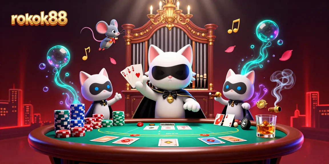 Experience thrilling gameplay with rokok88 at a vibrant casino scene filled with acrobats and poker chips.