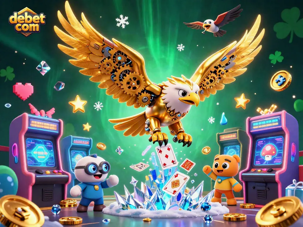 Experience the excitement of debet com with this vibrant casino-themed 3D illustration showcasing dynamic arcade elements.
