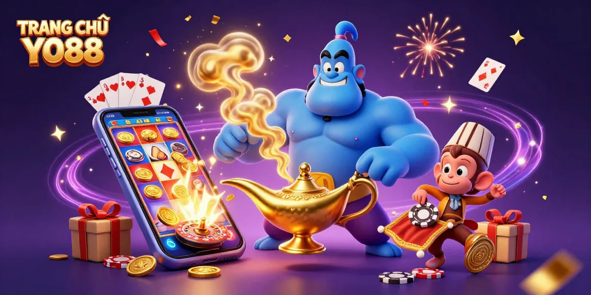 Spin and win at TRANG CHỦ YO88, featuring a genie, monkey, and poker chips in a vibrant casino scene.