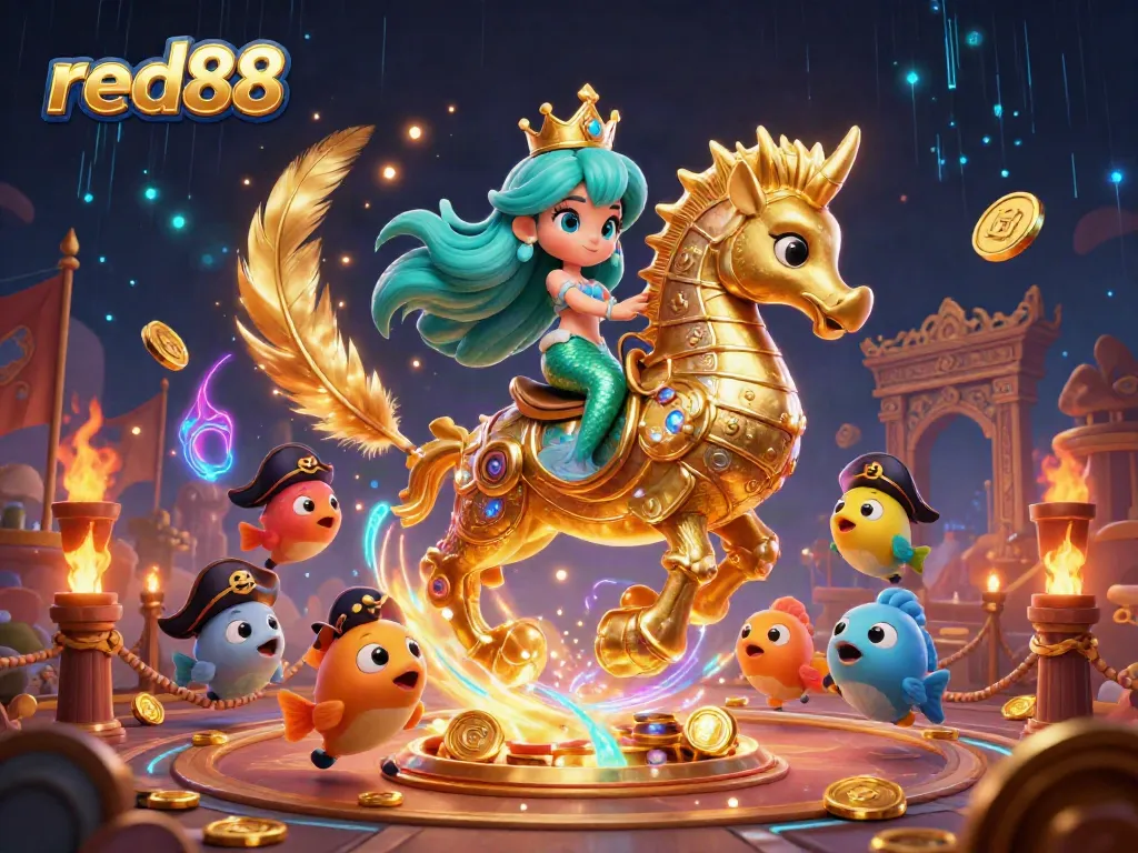 Engage in thrilling gameplay at red88 with vibrant mermaid princess, giant seahorse, and exciting casino elements.