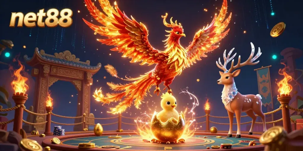 Engage in thrilling online gaming with net88, featuring dynamic phoenix elements and luxurious visuals.
