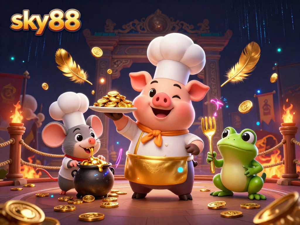 Win big at sky88 with exciting characters in a vibrant casino scene packed with gold!
