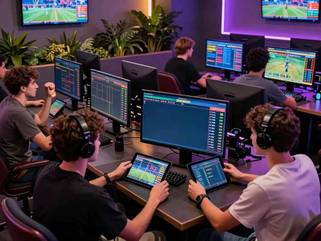 Engaged players enjoying sports betting experience at https://playsv88.net/ in a vibrant gaming lounge.