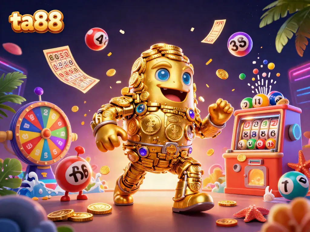 Engage with ta88 in a vibrant casino atmosphere featuring a golden golem, lottery balls, and more!