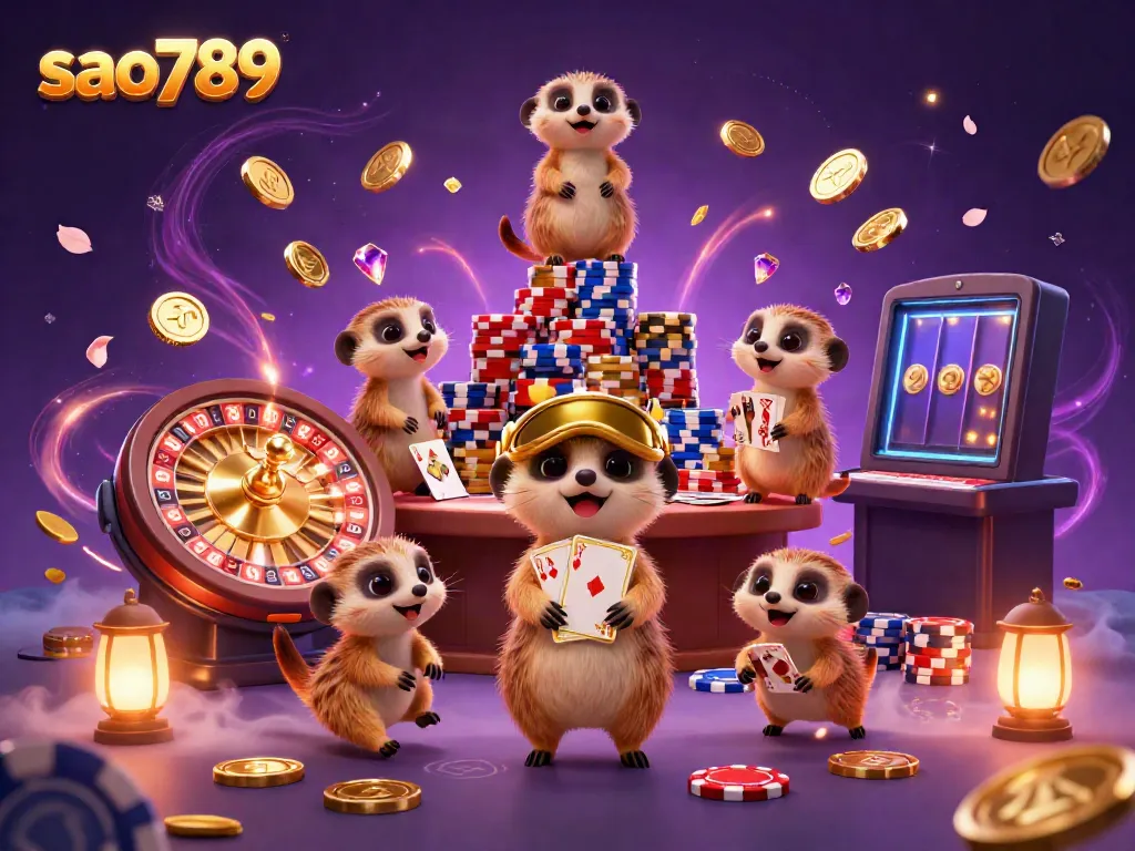 Sao789 meerkats managing a vibrant casino scene with cascading coins and roulette wheel.