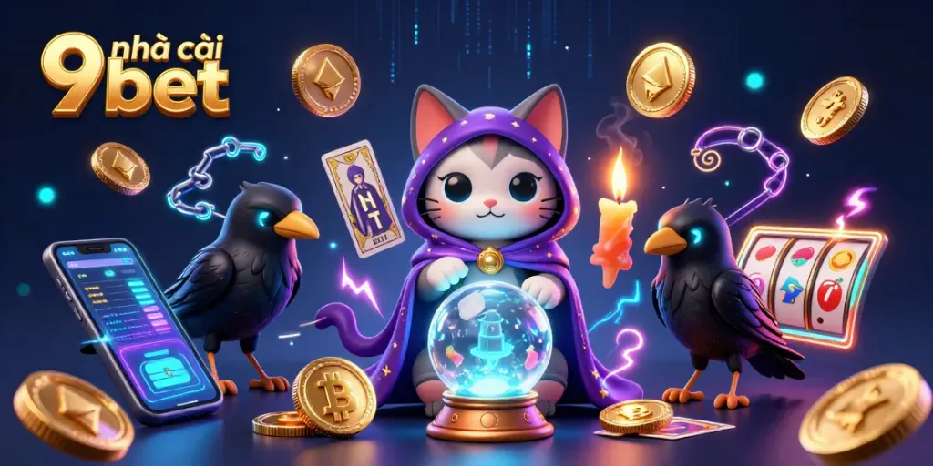 Engage with the world of nhà cái 9bet through vibrant 3D casino elements, including slot reels and crypto coins.
