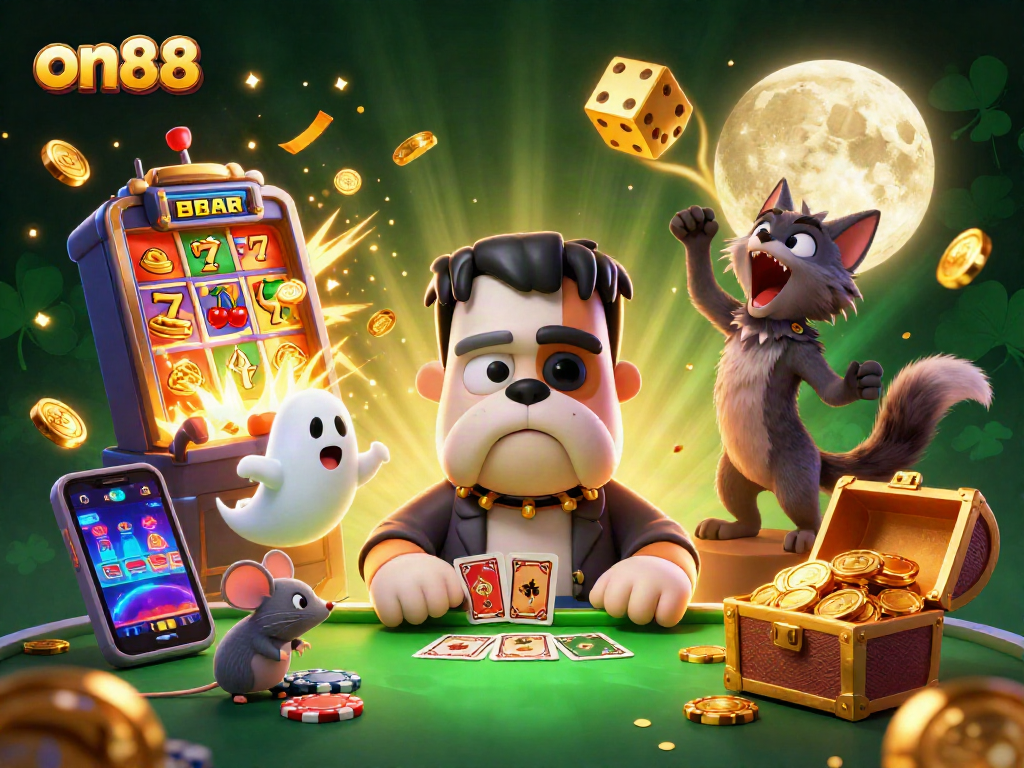 Experience thrilling gameplay with on88 as the Frankenstein bulldog deals cards amidst a jackpot explosion!
