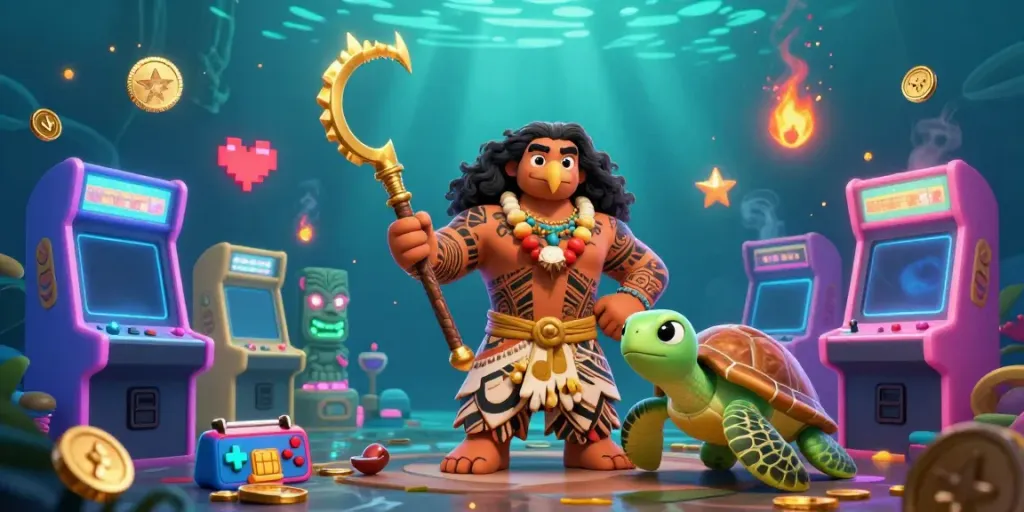 Engage with the vibrant world of nhà cái uy tín through a dynamic scene of a Polynesian demigod hawk and turtle amidst glowing game machines.