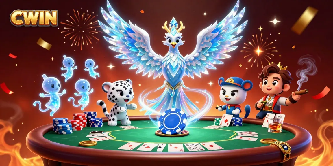 Experience CWIN's vibrant casino world with sparkling poker elements and dynamic characters.