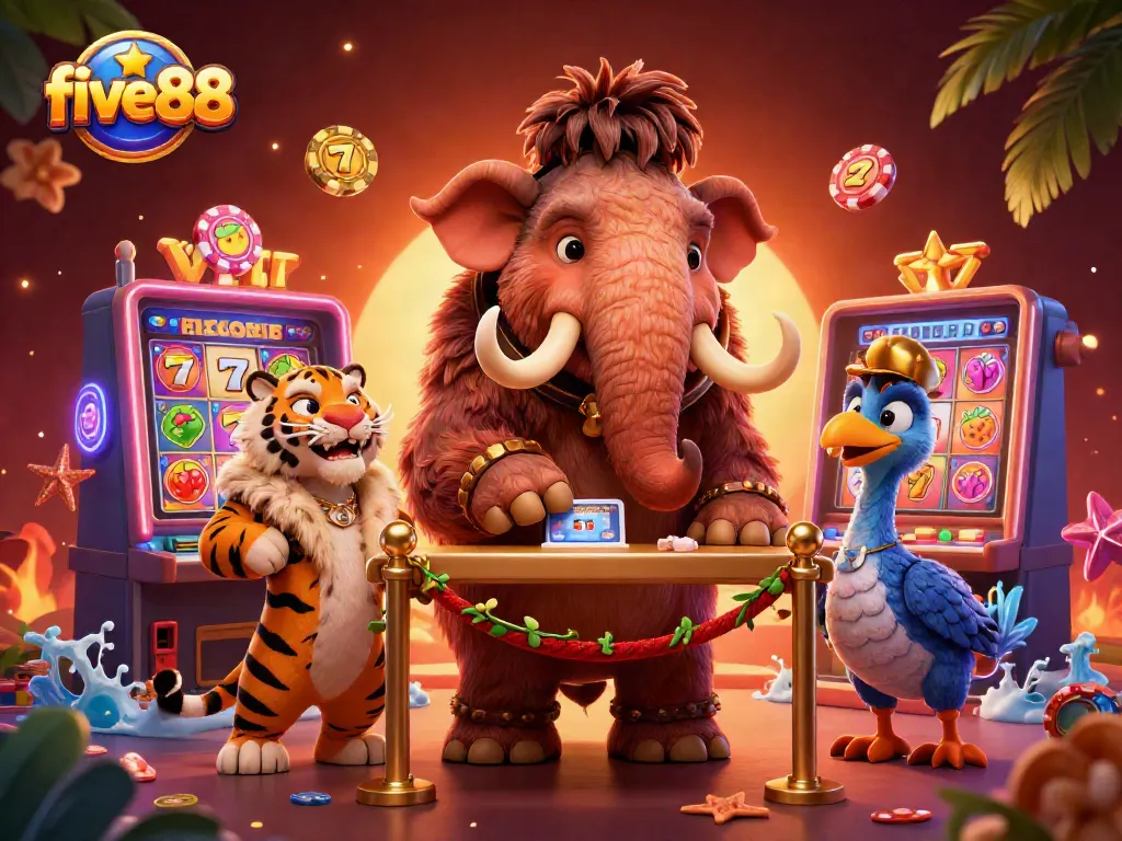 Check IDs for the exciting five88 casino experience featuring a mammoth bouncer and vibrant power symbols.