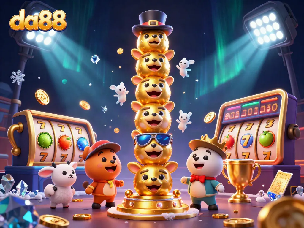 Engage with da88's dynamic slot reels and lucky symbols in a vibrant casino scene.