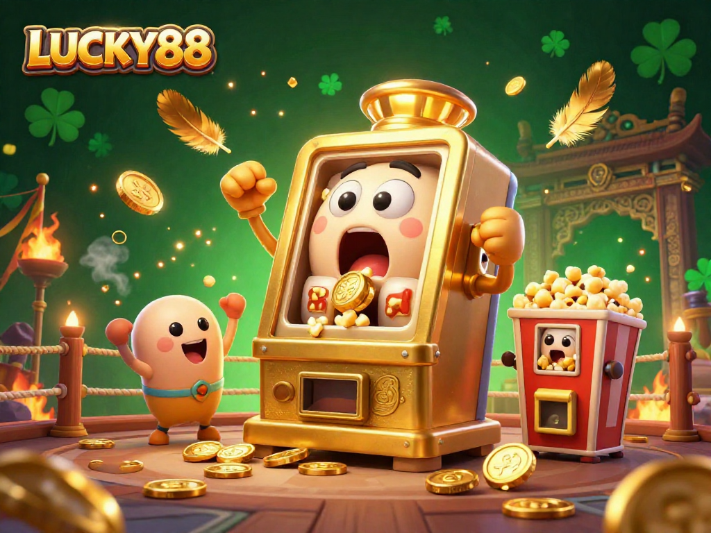 LUCKY88 slot machine hits a jackpot amidst golden coins and exciting visuals in 3D illustration.