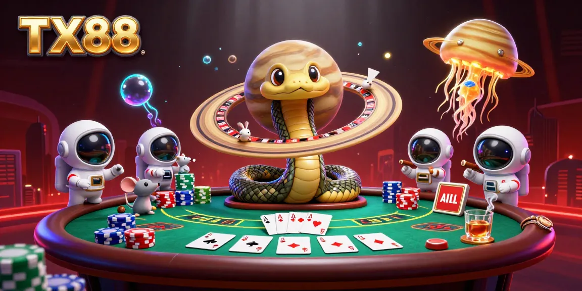 TX88 players engaging in cosmic roulette with astronaut mice betting amidst vibrant casino elements.