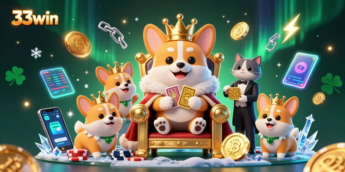 Experience 33win's vibrant casino atmosphere with a royal corgi on a throne of chips surrounded by dynamic game elements.