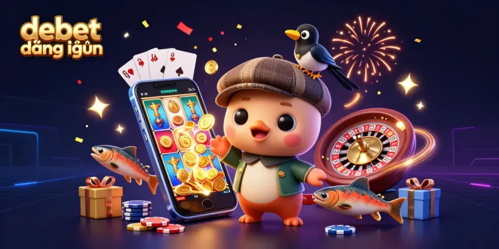 Engage with debet đăng nhập through an exciting 3D casino adventure scene featuring vibrant gaming elements.
