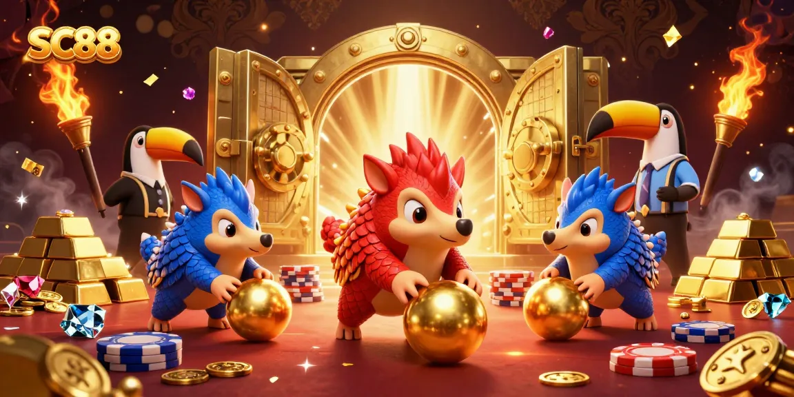 SC88 pangolins bowling through poker chips in a vibrant casino scene, showcasing joy and excitement.