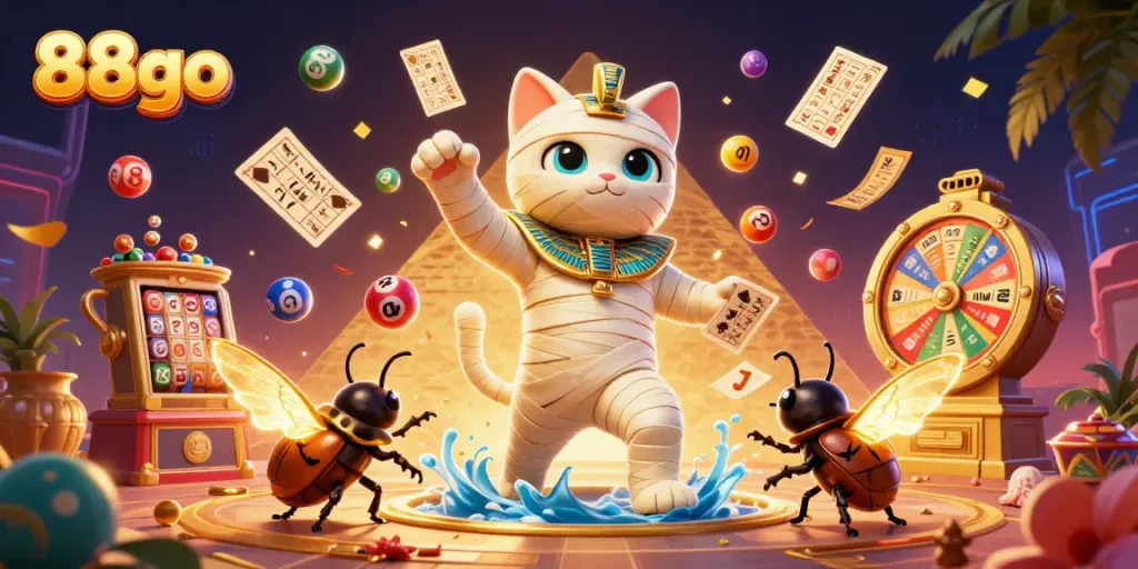Engage in thrilling games with 88go featuring a mummy cat in a vibrant casino scene.
