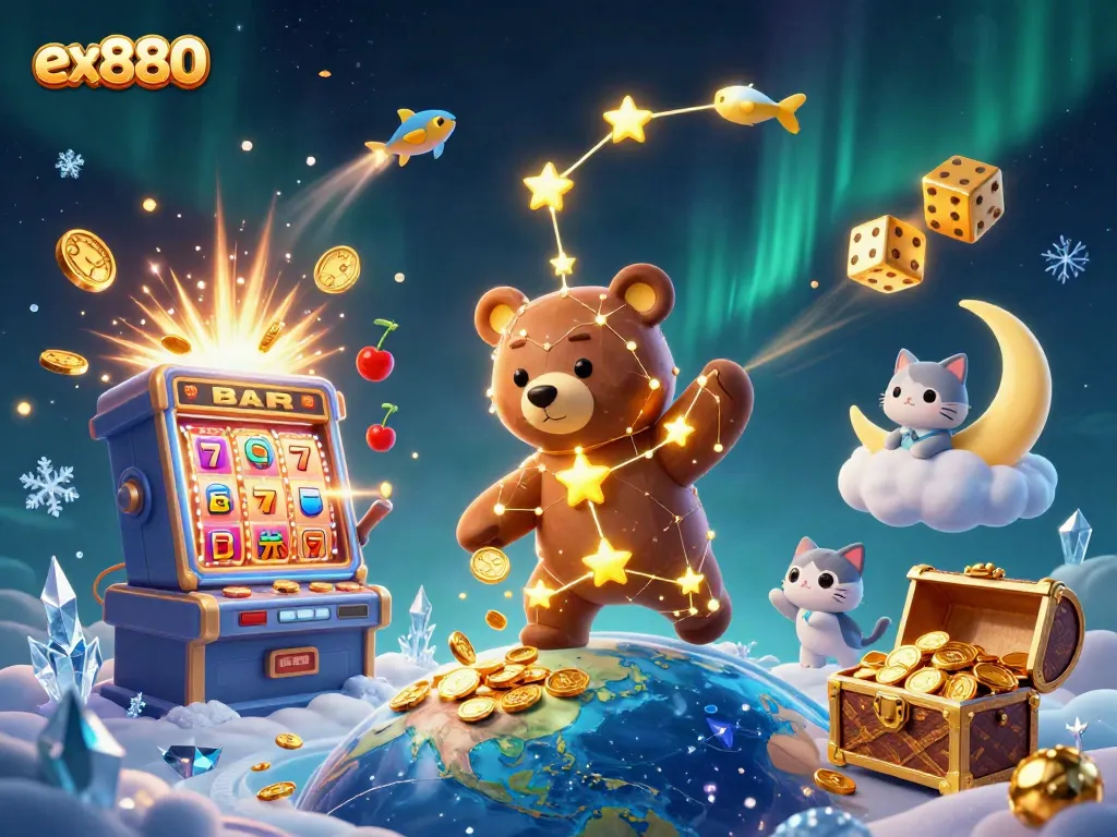 Experience the thrill of winnings with ex880 as golden coins rain down from a magical bear in this vibrant casino scene.