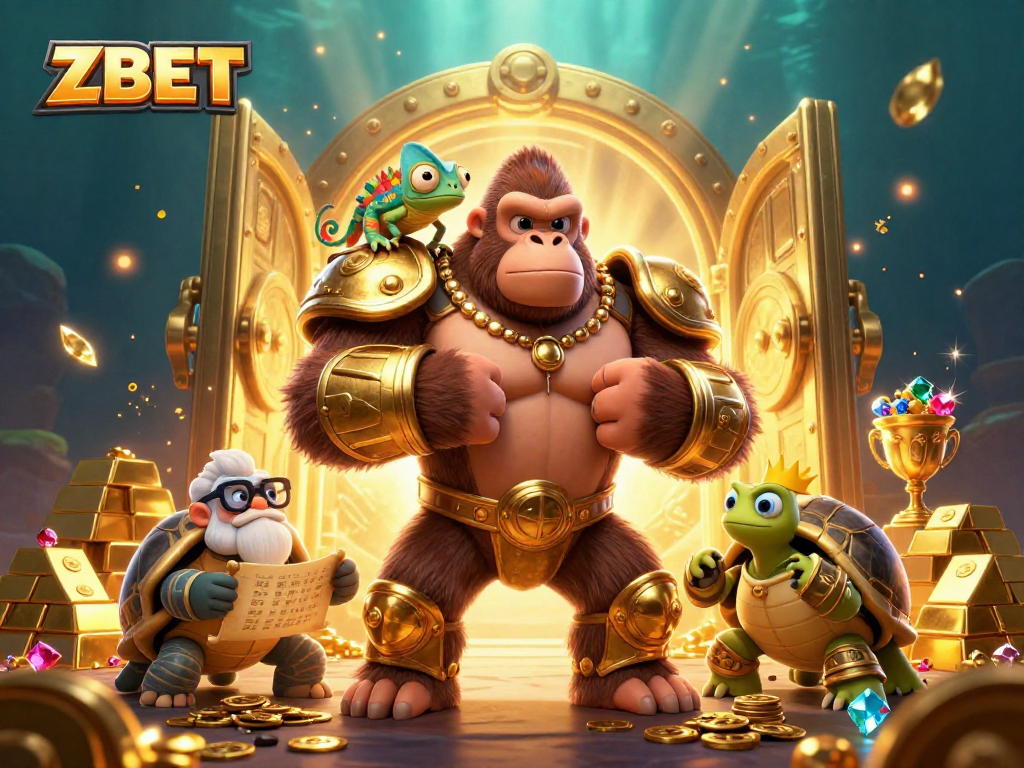 Engage in thrilling gameplay at ZBET, where a golden treasure awaits in a vibrant casino scene.