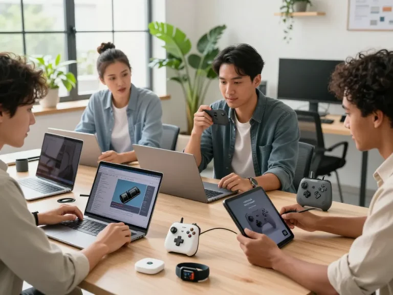 Engaging team exploring affordable tech gadgets like 8BitDo Ultimate 2 and AirFly Pro 2 in a bright, modern workspace.