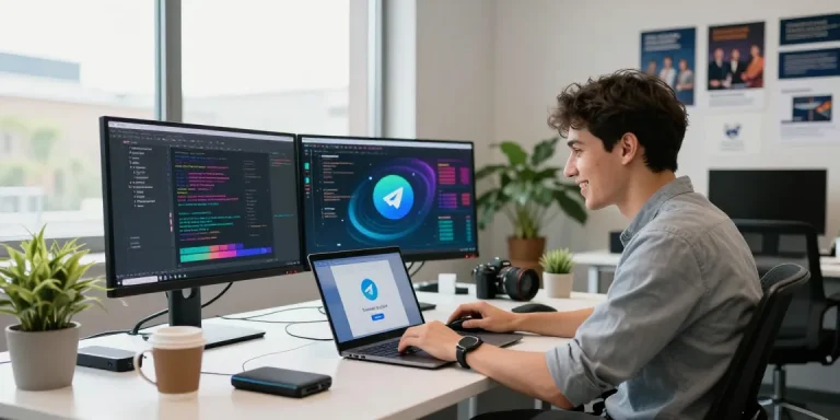 Download Telegram app on a laptop in a vibrant tech workspace with modern gadgets.