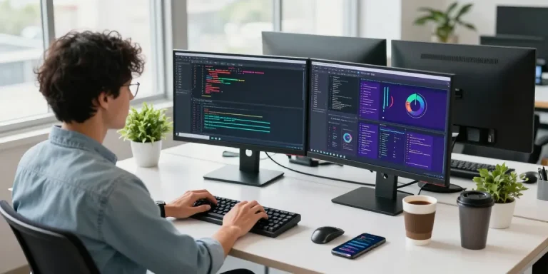 快连 developed within a busy tech workspace, showcasing coding screens, coffee, and dual monitors for a productive atmosphere.