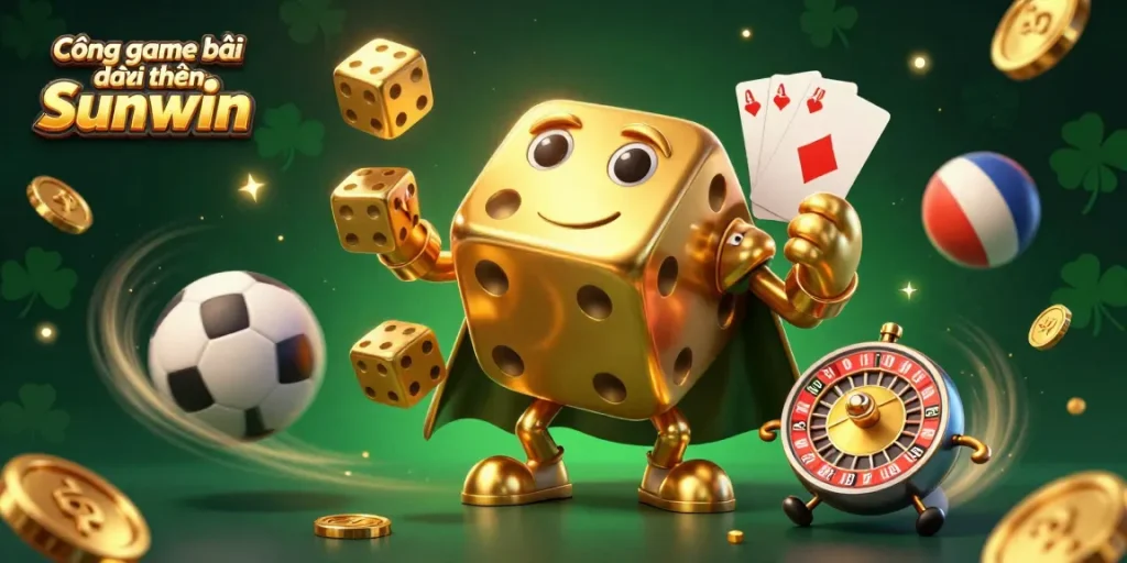 Cổng game bài đổi thưởng Sunwin offers a vibrant atmosphere with dynamic golden dice and casino elements, enticing players to roll the dice.