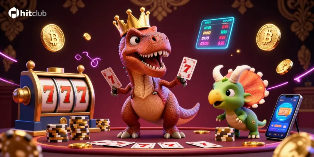 Hitclub features a playful T-Rex and triceratops engaged in a lively casino scene, shuffling cards and stacking chips.