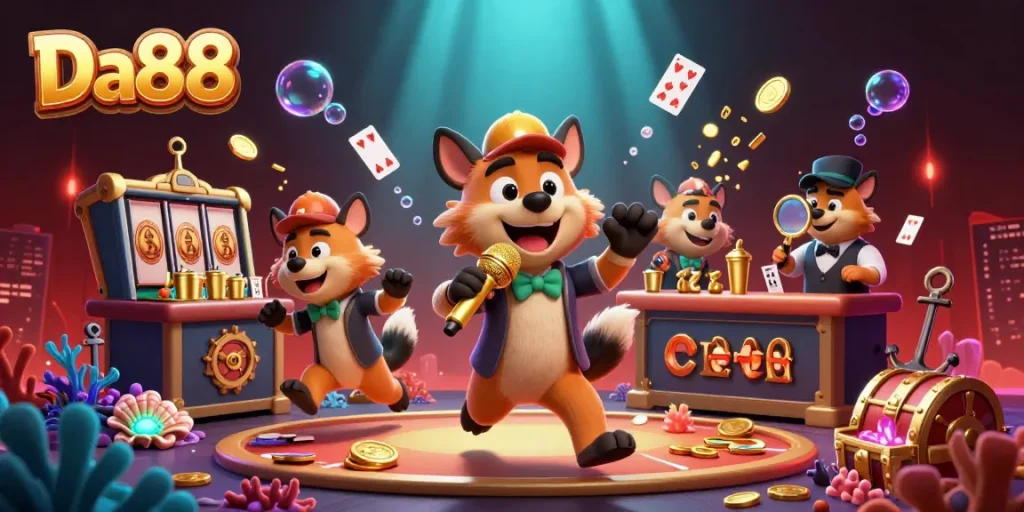 Da88 brings laughter to the casino scene with hyenas playing, mixing drinks, and checking IDs amidst vibrant game elements.