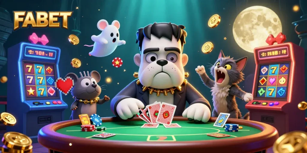 Engage with FABET's thrilling poker scene featuring a lively Frankenstein bulldog and ghost mouse.