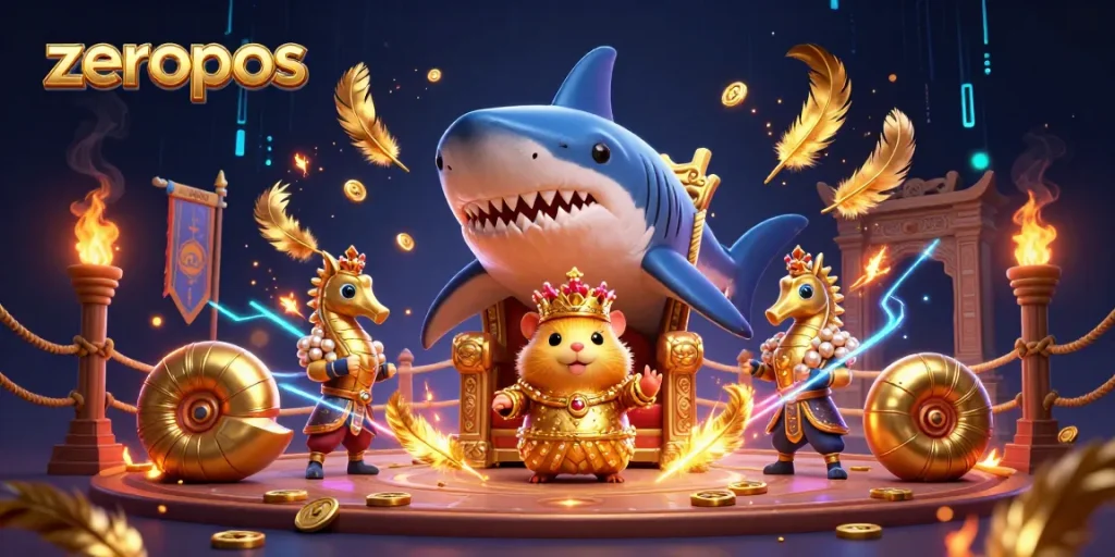 Experience thrilling wins with zeropos in this dynamic 3D casino scene featuring royal sea characters.