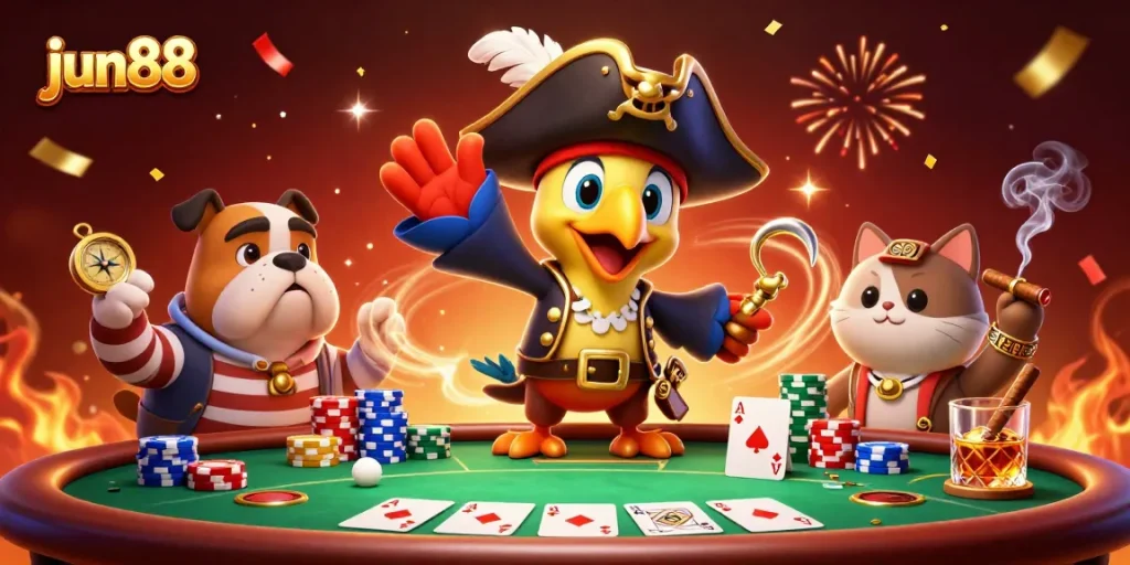 Experience winning strategies with jun88 in this vibrant poker-themed illustration with dynamic characters.