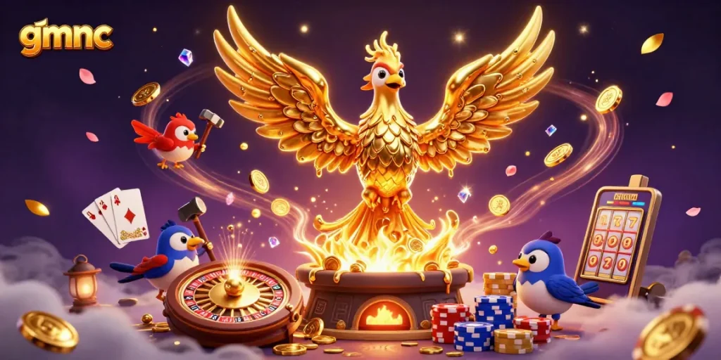 Experience the thrill of gmnc as the golden phoenix emerges, dazzling in a vibrant casino scene.