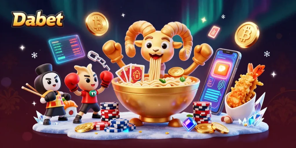 Dabet engages users with vibrant visuals of a giant ramen bowl and energetic characters in a lively casino setting.