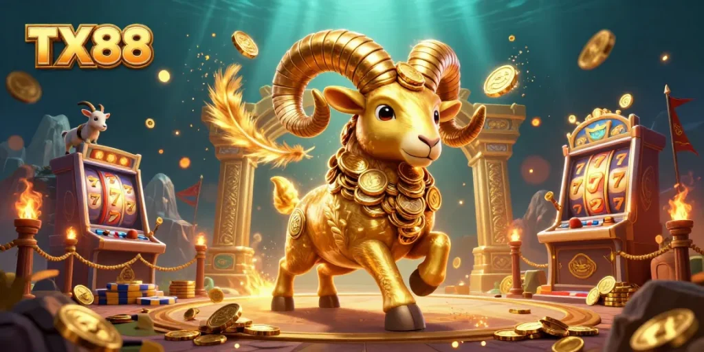 Experience thrilling gameplay with TX88 as the golden ram charges through a vivid casino atmosphere.