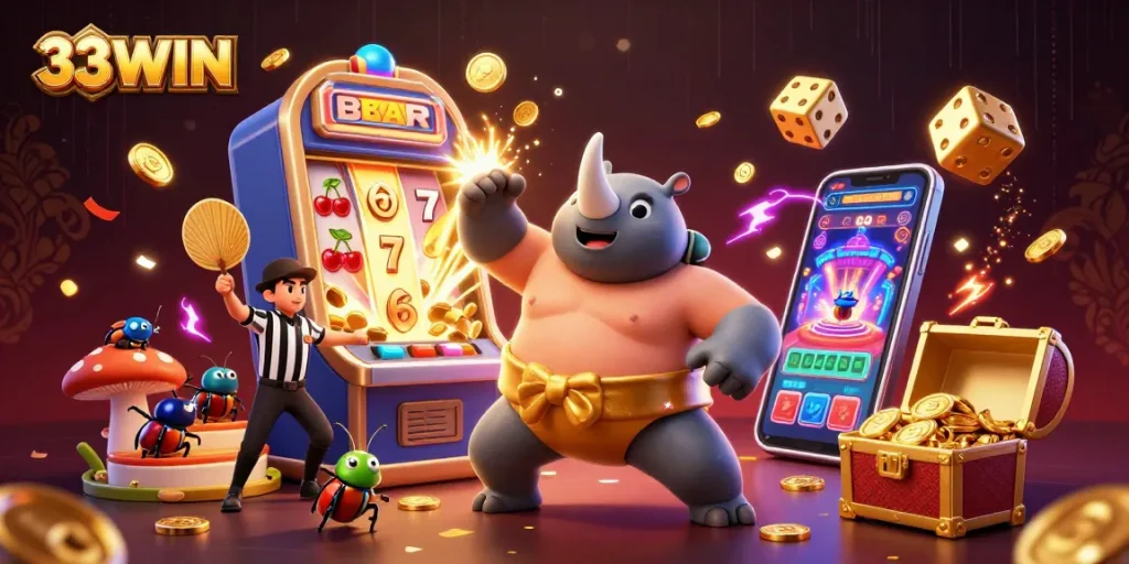 33WIN presents vibrant gambling scene with a rhinoceros beetle champion amid a jackpot explosion, showcasing casino games.