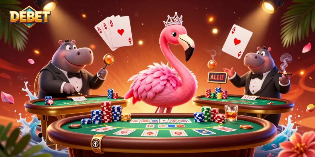 Experience the thrill of DEBET with vibrant casino characters in a lively poker scene!