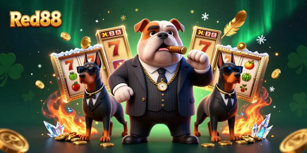 Experience the excitement of Red88 with a dynamic 3D illustration of a bulldog mafia boss and his bodyguards amidst slot game elements.