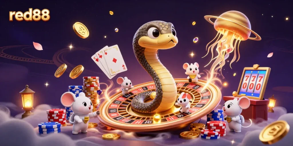 Red88 offers thrilling gaming action with astronauts betting in a cosmic casino scene.